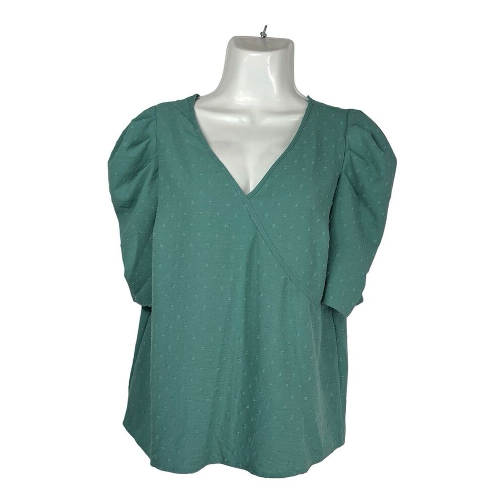 Misia Women's Large Green Swiss Dot Puff Sleeve Blouse V-Neck Boho Romantic